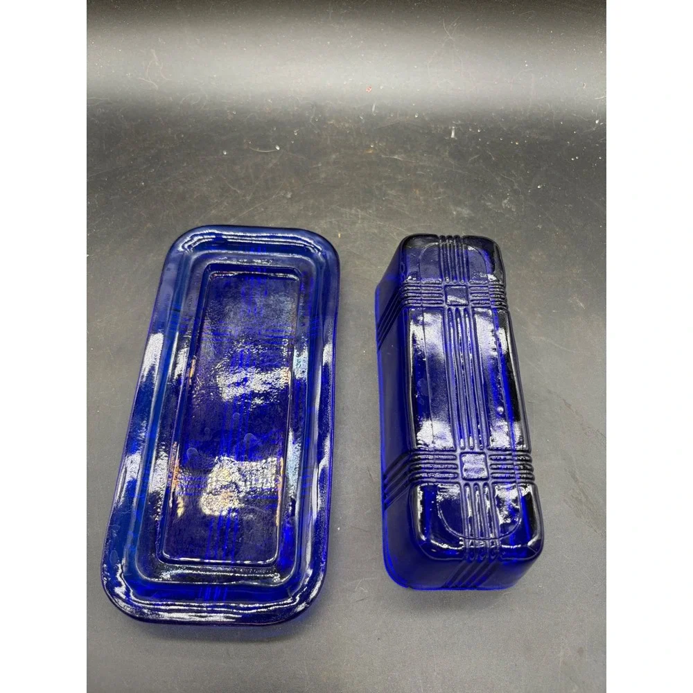 Hazel Atlas Cobalt Blue Glass Butter Dish Moderntone Art Deco Vintage 2 Piece